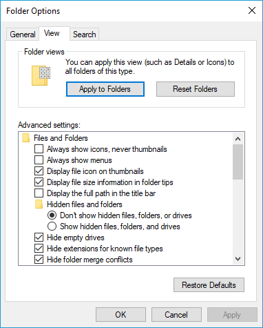 Folder Options panel