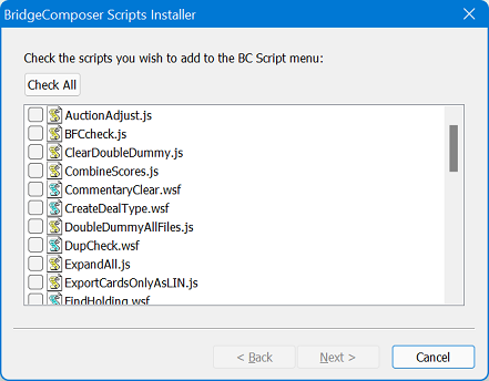 BCScriptInstaller choose script dialog panel